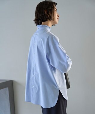 UNFILO フリルネックシャツ ブルーストライプ