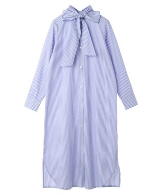 earth music&ecology ボウタイシャツワンピース Stripe Blue