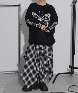 WEGO モチーフグラフィックフラッフィーニットプルオーバー ブラック