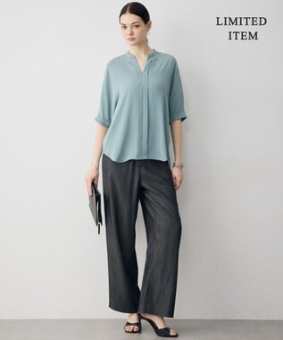 ICB 【新色追加・WEB限定】BackSatinAmunzen 5分袖キーネックブラウス ダークセージ