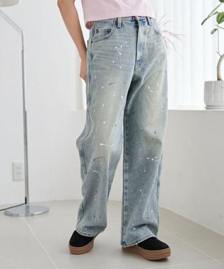 WEGO ペイントストレートデニムパンツ デニム淡加工色