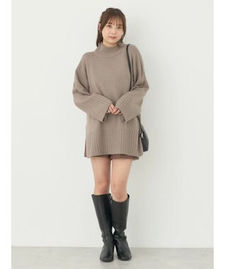 earth music&ecology アンチピリングリブハイネックチュニック Gray Beige