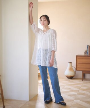 earth music&ecology パフスリーブ楊柳刺繍チュニック White