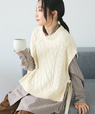 CRAFT STANDARD BOUTIQUE 洗える/2WAYケーブルニットリボンベスト Ivory