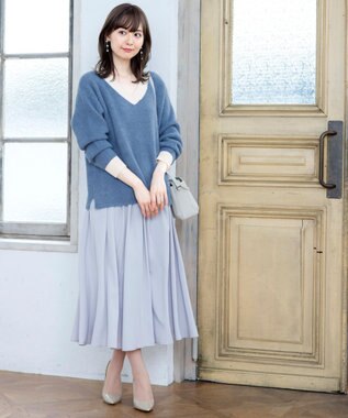 Tiaclasse 【洗える】表情豊かなメランジニットVネックトップス ブルー×オフホワイト