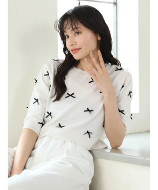 Green Parks ・ＡＮＤ　ＳＥＡＲＣＨ　メニーリボン５分袖ニット Off White