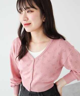 Green Parks ・ｓｗｉｎｇ　ｂｙ　ハート柄スカシニットカーディガン Pink