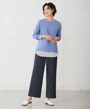 J.PRESS LADIES 【洗える】セルロースシャンブレー セミワイド マリン パンツ ネイビー系