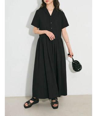 Green Parks ローウエスト切替開襟シャツワンピース Black