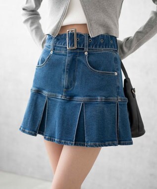  ベルト付デニムプリーツスカパン