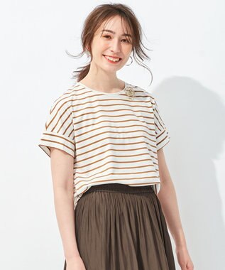 自由区 【洗える/UVケア】ボーダー タックデザインカットソー アイボリー系2