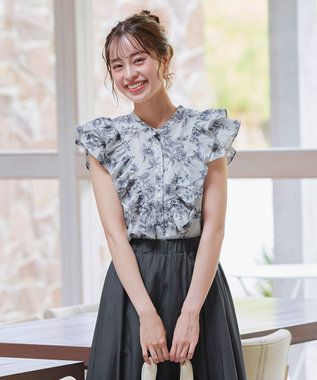 Tiaclasse 【新色追加・洗える】花柄フリルシャツブラウス グレー