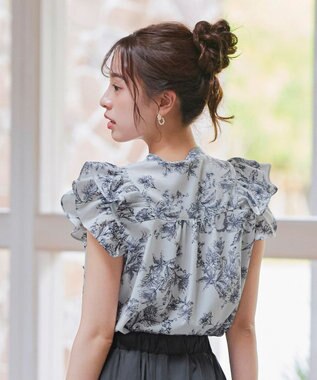 Tiaclasse 【新色追加・洗える】花柄フリルシャツブラウス グレー