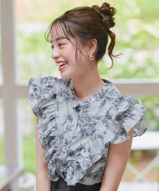Tiaclasse 【新色追加・洗える】花柄フリルシャツブラウス グレー