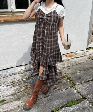 WEGO チェックイレヘムキャミワンピース ブラウンチェック1