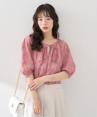 earth music&ecology シアーチェックパフスリーブブラウス Pink