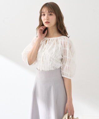 earth music&ecology シアーチェックパフスリーブブラウス Ivory