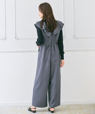 Feroux フリルデザイン サロペット パンツ ライトグレー系