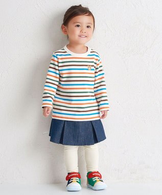 MIKI HOUSE HOT BISCUITS 【80-120cm】ボーダー柄 ワンポイント長袖Tシャツ フォレストグリーン