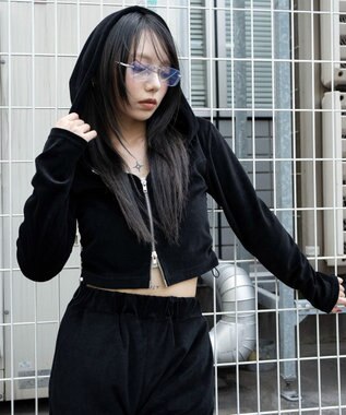 WEGO ベロアショートZIPパーカー ブラック