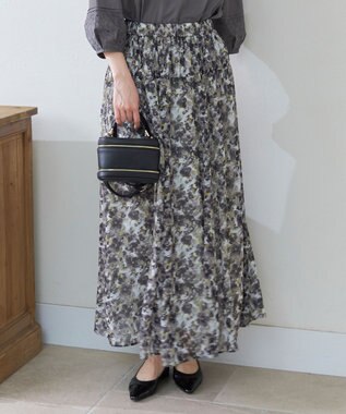 自由区 L 【ウエストゴム・洗える】オルタンシアフルールプリント スカート モノトーン