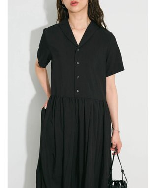 Green Parks ローウエスト切替開襟シャツワンピース Black
