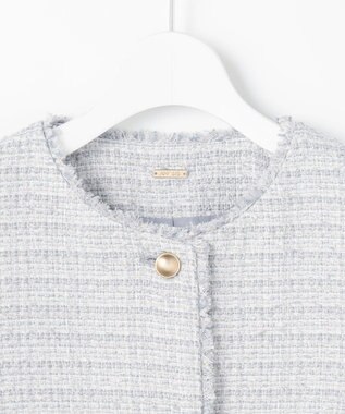 ANY SIS L ノーカラーフリンジツイード ジャケット ブルーグレーミックス