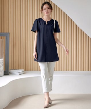 Tiaclasse 【洗える】フロントタックフレアスリーブチュニックブラウス ネイビー