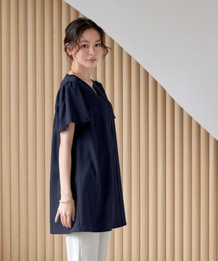 Tiaclasse 【洗える】フロントタックフレアスリーブチュニックブラウス ネイビー