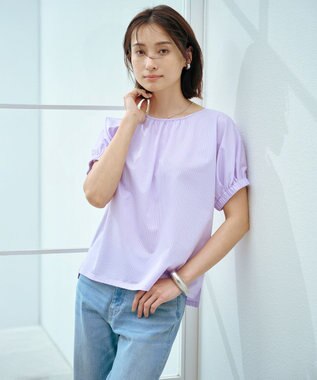 J.PRESS LADIES 【WEB限定カラーあり・洗える】ストライプジャージー フレンチスリーブ カットソー ライラックストライプ系