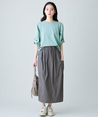 ANY L ツイストスリーブボーダートップス ブルー×ベージュ