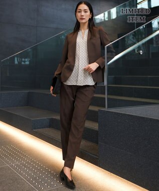 ICB L 【新色追加・WEB限定】BackSatinAmunzen 5分袖キーネックブラウス トープ×スクエアビット柄