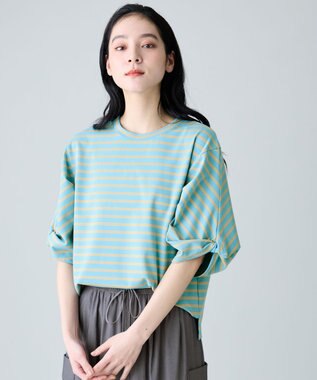 ANY L ツイストスリーブボーダートップス ブルー×ベージュ