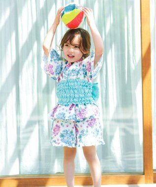 ANY KIDS 【洗濯機可能】簡単帯付き 甚平セット エクリュ×アジサイ