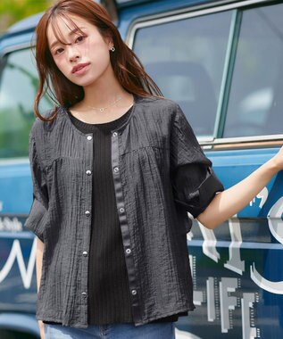 Tiaclasse 【洗える】楊柳バックフリルブルゾン チャコールグレー