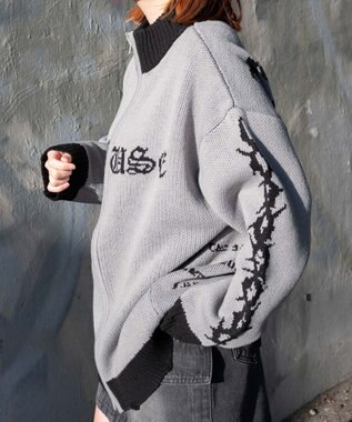 WEGO クロスダメージニットBIGブルゾン グレー