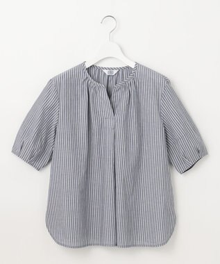 J.PRESS LADIES 【洗える】BEZ空羽ストライプ クルーネック V開き ブラウス ネイビー系1