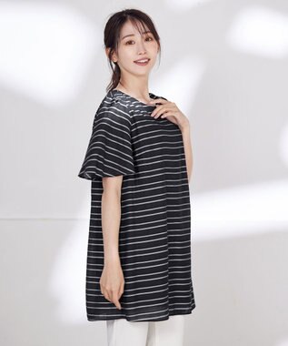 Tiaclasse L 【洗える】ランダムボーダーチュニック ネイビー