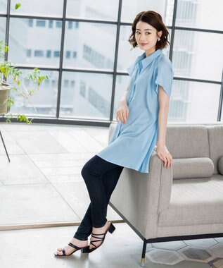 Tiaclasse L 【洗える】フレンチスリーブシャツチュニックブラウス サックスストライプ