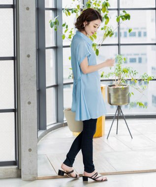 Tiaclasse L 【洗える】フレンチスリーブシャツチュニックブラウス サックスストライプ