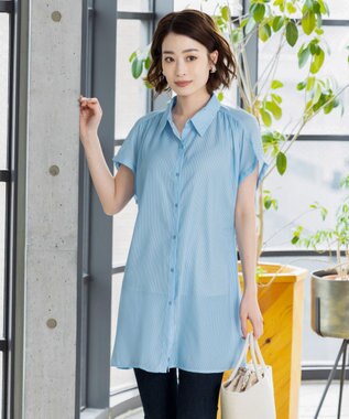 Tiaclasse L 【洗える】フレンチスリーブシャツチュニックブラウス サックスストライプ