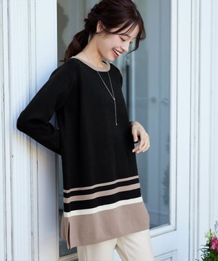 Tiaclasse L 【洗える】カラー配色ニットチュニック ブラックモカ