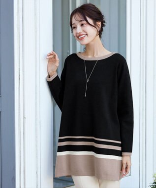 Tiaclasse L 【洗える】カラー配色ニットチュニック ブラックモカ