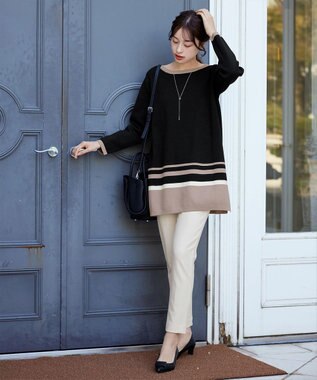 Tiaclasse L 【洗える】カラー配色ニットチュニック ブラックモカ