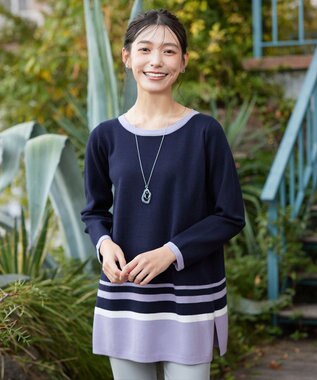 Tiaclasse L 【洗える】カラー配色ニットチュニック ネイビーラベンダー