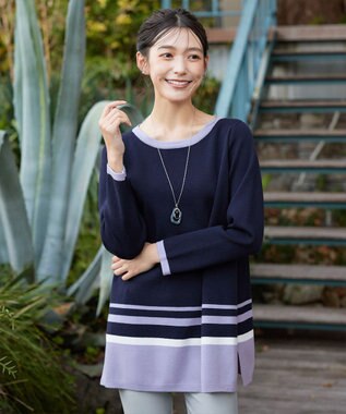 Tiaclasse L 【洗える】カラー配色ニットチュニック ネイビーラベンダー