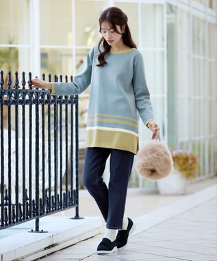 Tiaclasse L 【洗える】カラー配色ニットチュニック サックスイエロー