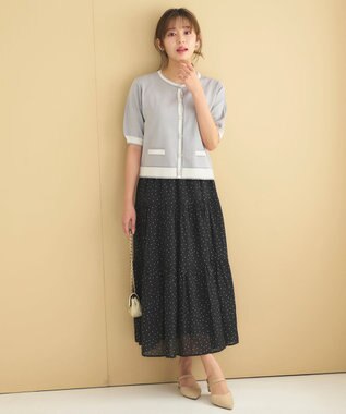 Feroux 【洗える】バイカラーハーフスリーブ カーディガン ライトグレー系