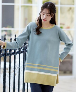Tiaclasse L 【洗える】カラー配色ニットチュニック サックスイエロー