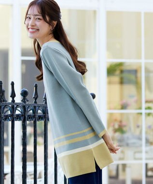 Tiaclasse L 【洗える】カラー配色ニットチュニック サックスイエロー